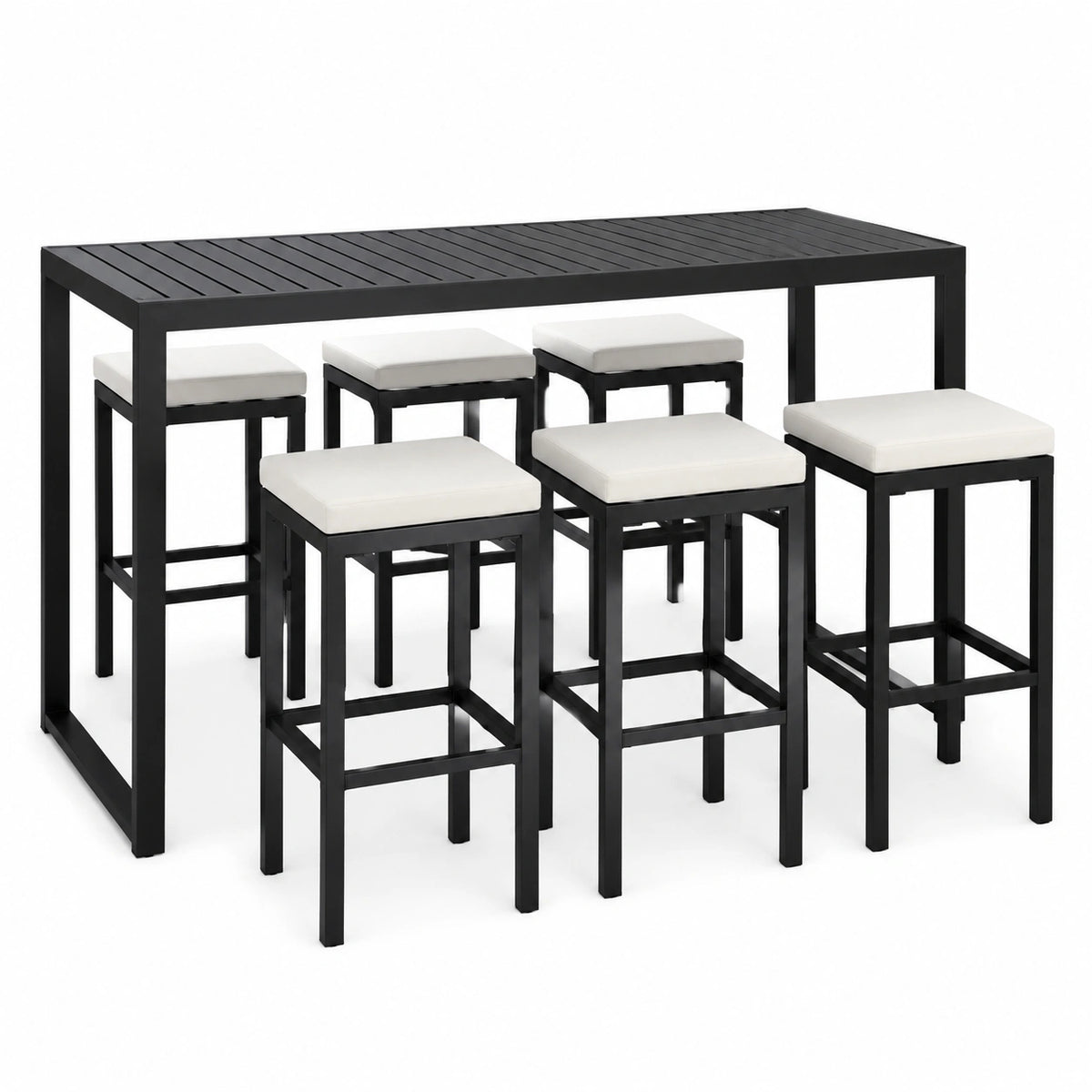 Bar-Esstisch-Set 7-teilig 140×70×105 cm Aluminium Schwarz Weiß mit 6 gepolsterten Hockern