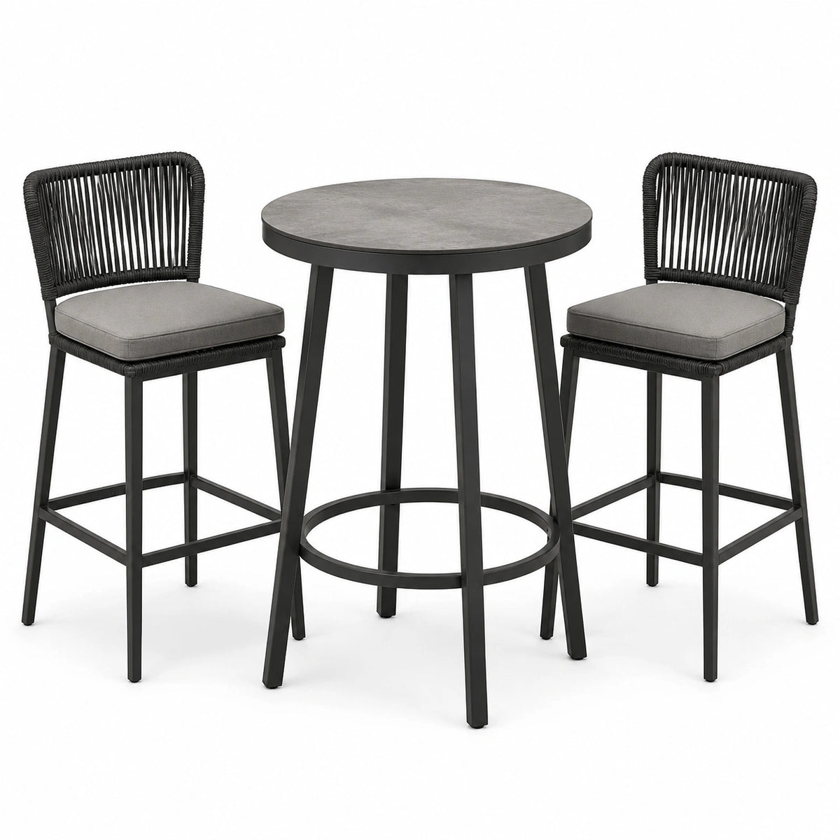 3-teiliges Bartisch-Set 70×100cm Schwarz/Grau mit Metallgestell und Geflecht für Außenbereiche
