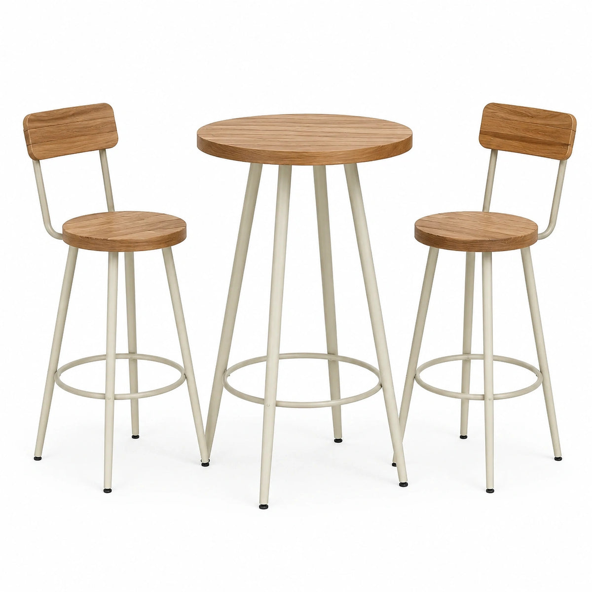 Bartisch Set 3-teilig Ø80×105 cm Holz Metall Braun Creme mit zwei Barhockern