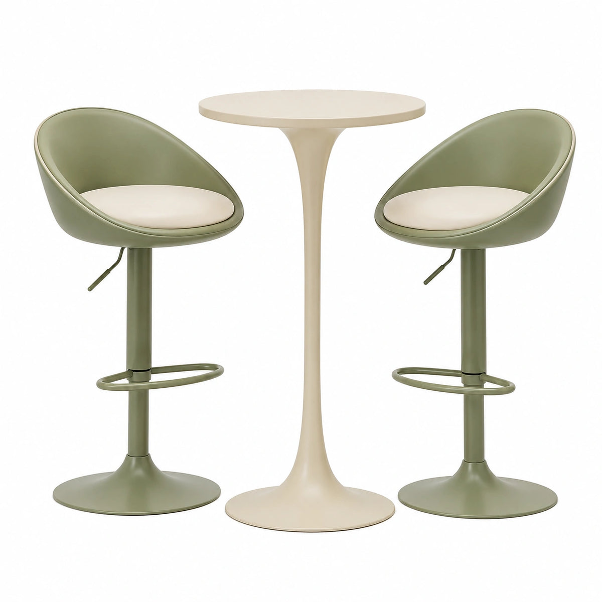 3-teiliges Bartisch-Set 60×105 cm aus Metall in Grün und Cremeweiß mit höhenverstellbaren Barhockern