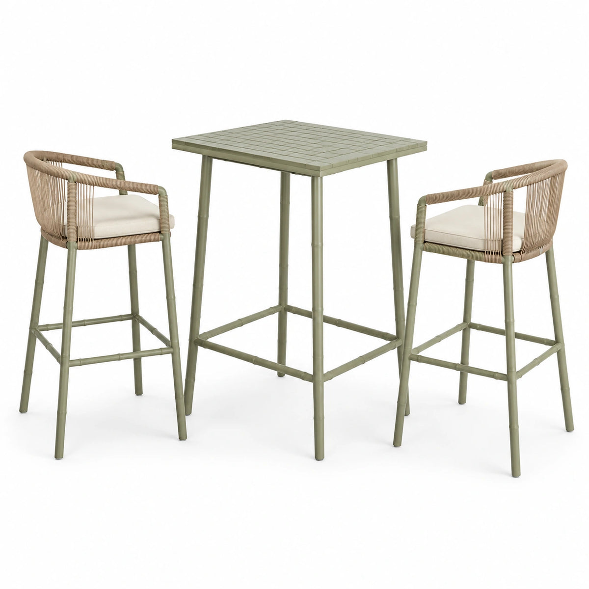 Bar-Set 80×80×105 cm Metall Geflecht Olivgrün-Beige für Außenbereich