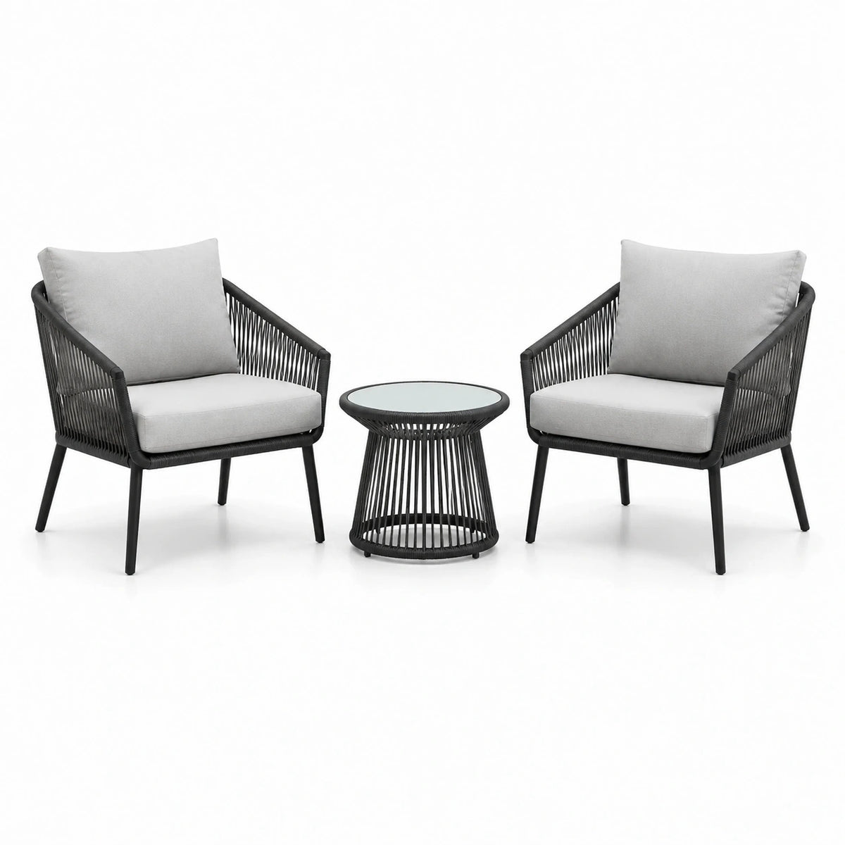 Gartenmöbelset 2 Sessel 68×70×80 cm mit Beistelltisch Ø55×45 cm Kunststoffgeflecht Schwarz Hellgrau