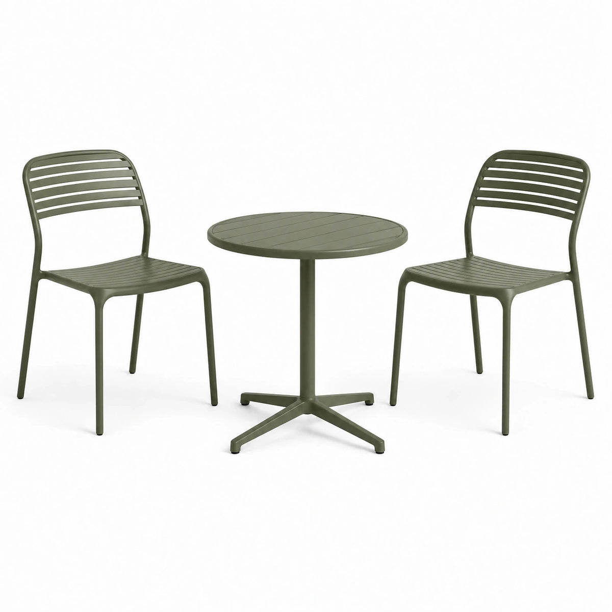 Gartenmöbel-Set mit rundem Metalltisch Ø70×74 cm und 2 Metallstühlen Olivgrün für Balkon und Terrasse