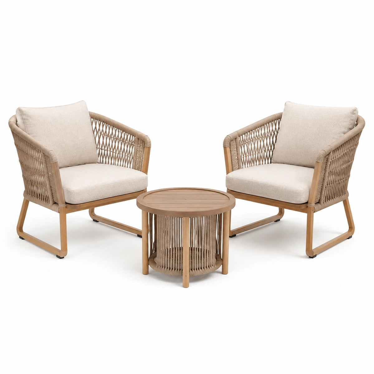 Gartenmöbel Set 2 Sessel 1 Rundtisch Holz Natur Beige - Seilgeflecht für Terrasse
